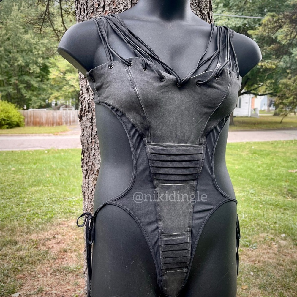NEW Dolls Kill Darker Wavs Frequency Mesh body suit Punk Goth grey Distressed L